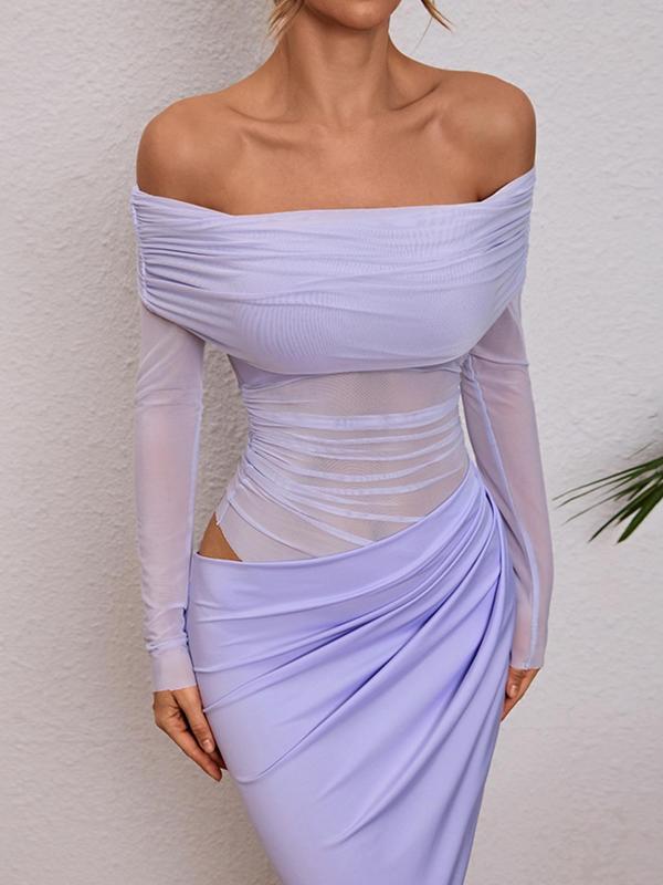 Women's Plain Off Shoulder Ruched Sheer Mesh Dress, 2025 Elegant Long Sleeve Long Dress for Party Banquet, Ladies Summer Clothes, New Year Valentine's Day Gift for Girl, Salon Party Gifts Valentine's Day, gift for her Formal Womenswear 6