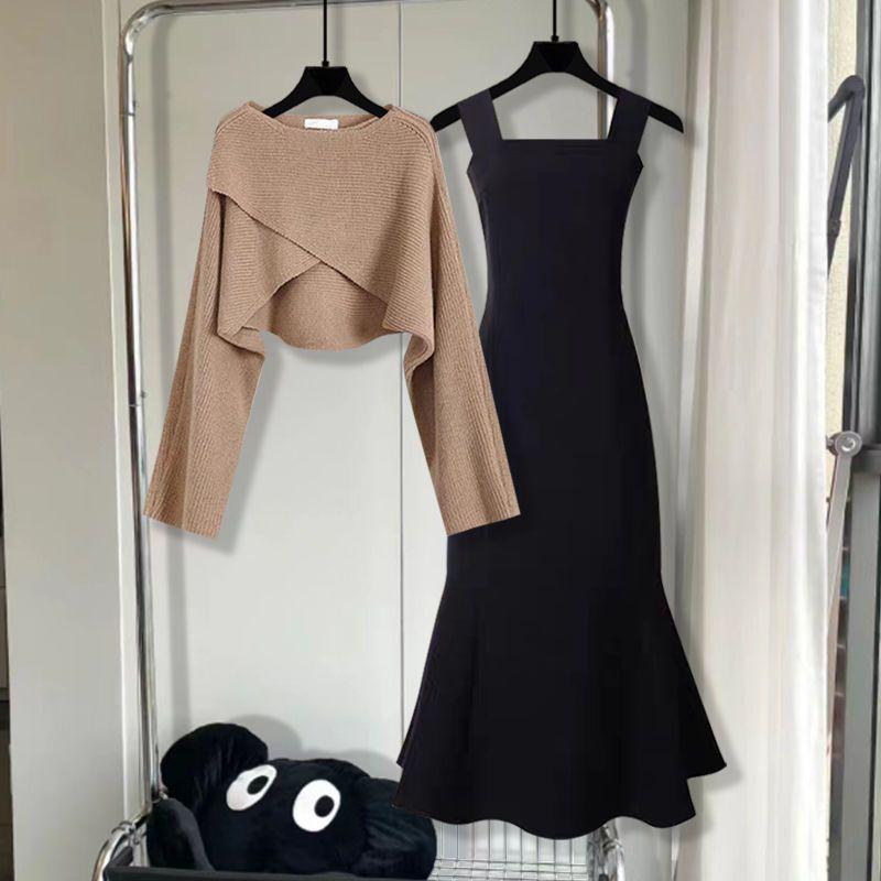 Product Introduction of 2024 Autumn and Winter Korean Slim Temperament Waist-Controlled Design Suspender Skirt Irregular Cross Sweater Youthful-Looking Two-Piece Set 4