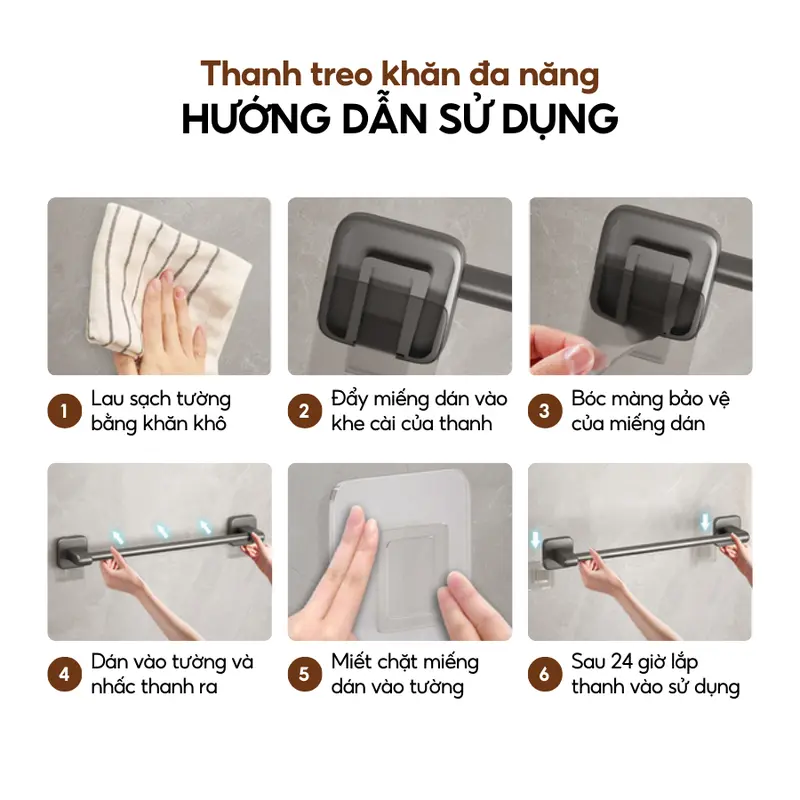 Thanh treo khăn nhà tắm nhà bếp dán tường LAVAR Chịu lực 20kg kèm miếng dán dính chắc chắn 7