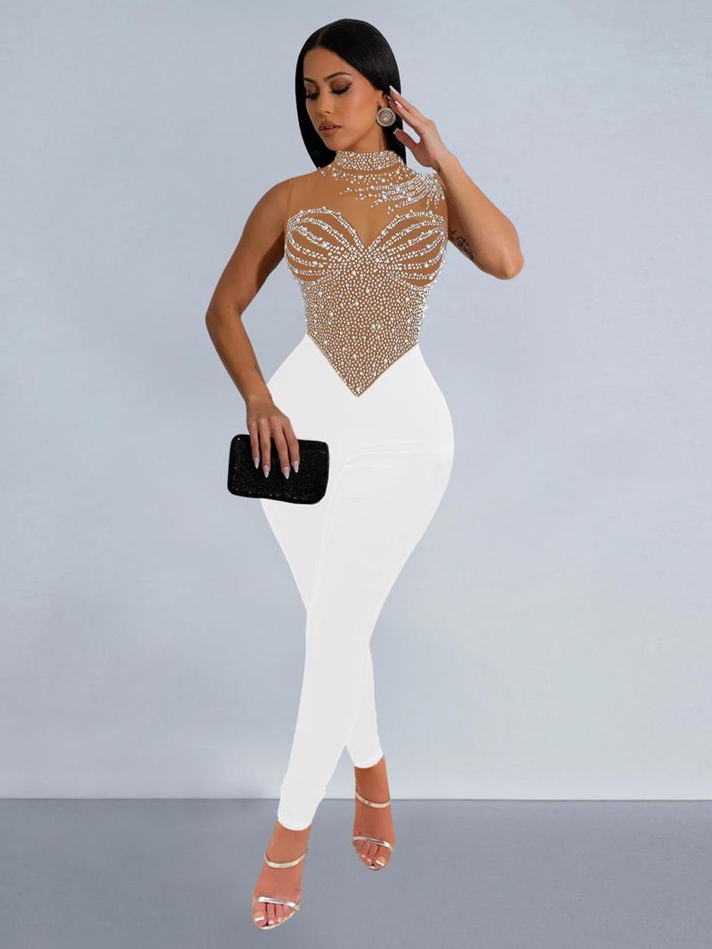 Product Introduction of Women's Rhinestone Decor Sheer Mesh Jumpsuit, Elegant Mock Neck Sleeveless Jumpsuit for Party Club Dating, Women's Clothing for Fall 5
