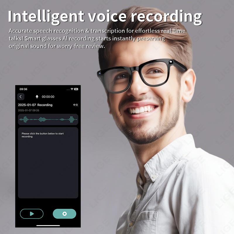 LIGE AI 800W Camera Smart Glasses 1080P HD Video Recording Translation Object Recognition Bluetooth Call Music Sunglasses Lenses