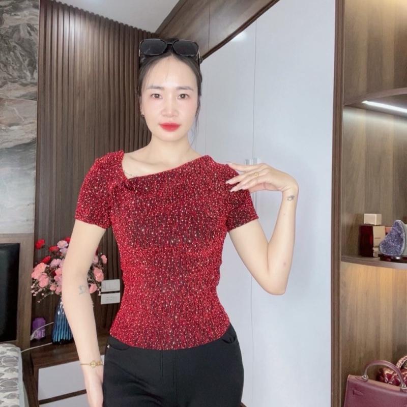 Áo thun kim tuyến lệch vai chất co giãn dưới 58 kg mặc vừa