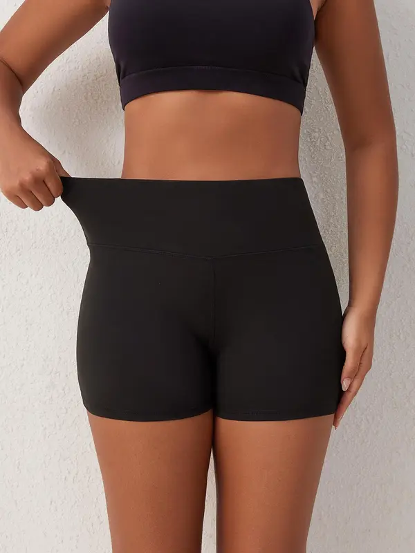 Women's Solid High Waist Pocket Design Sports Gym Shorts, Casual Comfy Breathable Skinny Shorts for Yoga Gym Workout Running, Ladies Sportswear for All Seasons 1