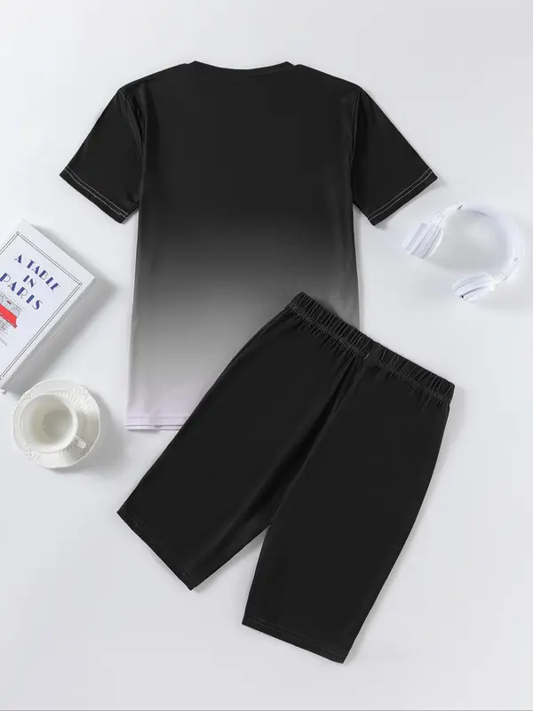 Two-piece Set Women's Ombre Print Short Sleeve Tee & Skinny Shorts, Casual Round Neck T-shirt & Shorts for Daily Wear, Ladies Two-piece for All Seasons, Clothes 7