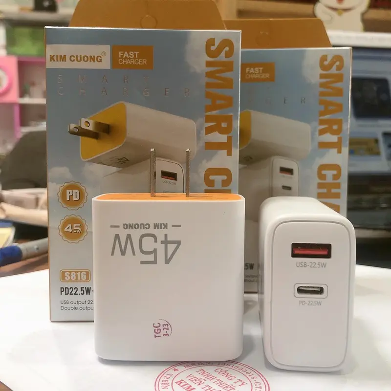 Cóc sạc nhanh Kim Cương S816 45W, hỗ trợ 2 cổng sạc ( USB và Type C), củ sạc nhanh tốt 3