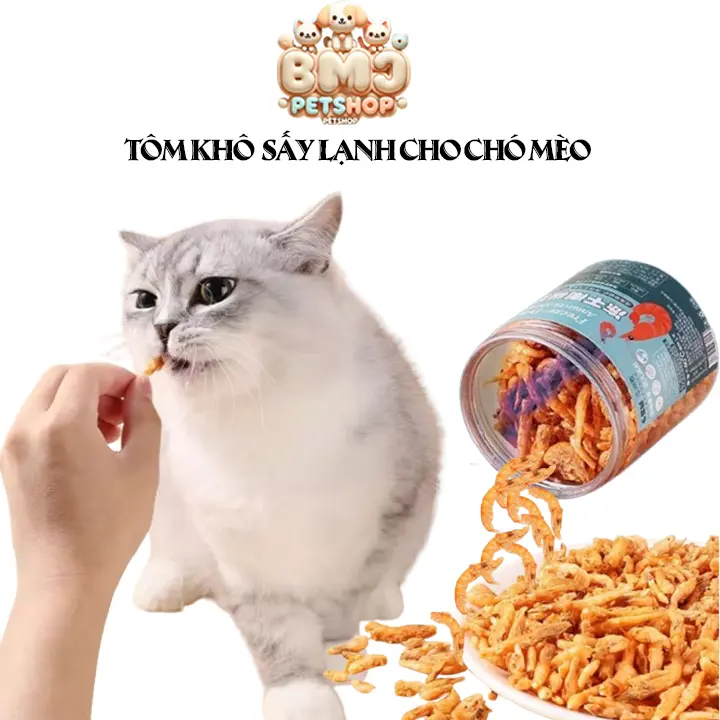 Tôm sấy đông khô nguyên con cho thú cưng, đồ ăn vặt bổ sung canxi cho chó mèo hộp 40g BMJ Petshop