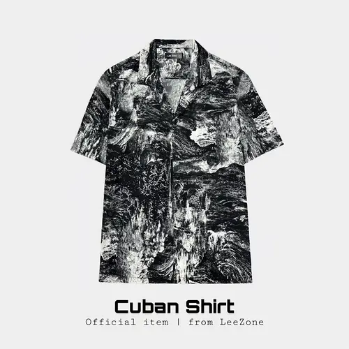 Sơ mi Loang đen | Áo sơ mi Cuban LeeZone form rộng mặc hằng ngày Fullbox, chất vải lụa thoáng mát không nhăn Cổ chữ V