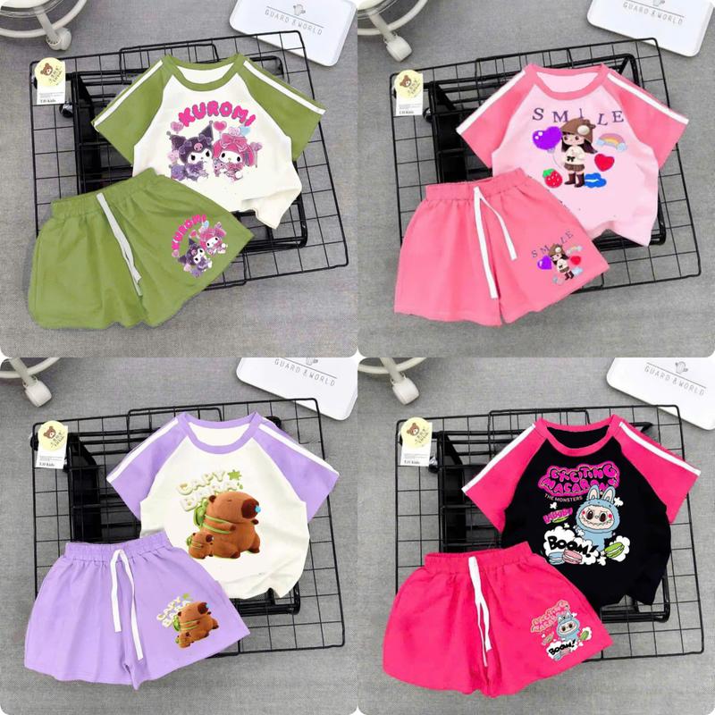 ComBo 4 Bộ Cho Bé  Gái LABUBU  Phối Kẻ Tay quần cộc .sezi  10-55kg Logo 5D.