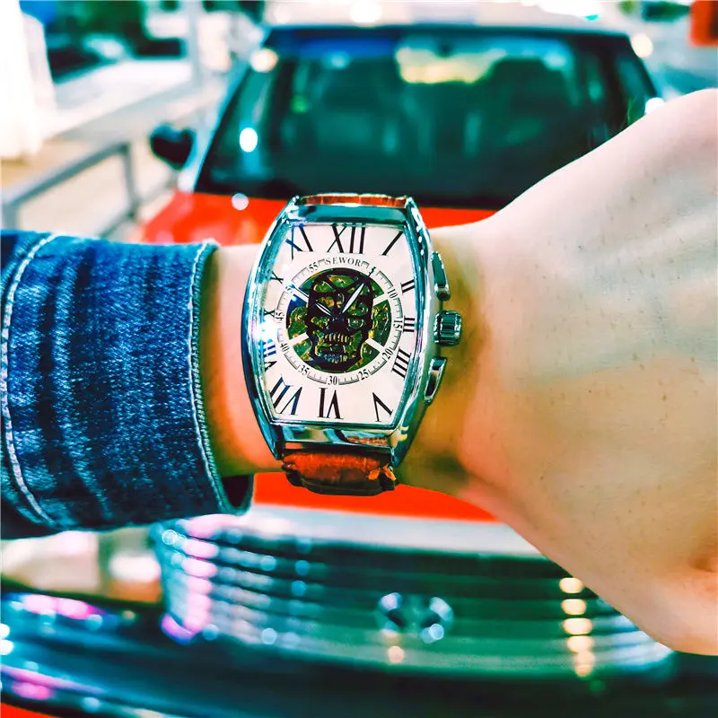 Tonneau Cool Case Skull Dial Automatic Pure Mechanical Watch Men's High-End Handsome Luminous Waterproof Trend Men's Business Personality Wear Creative Automatic Watch Genuine Leather