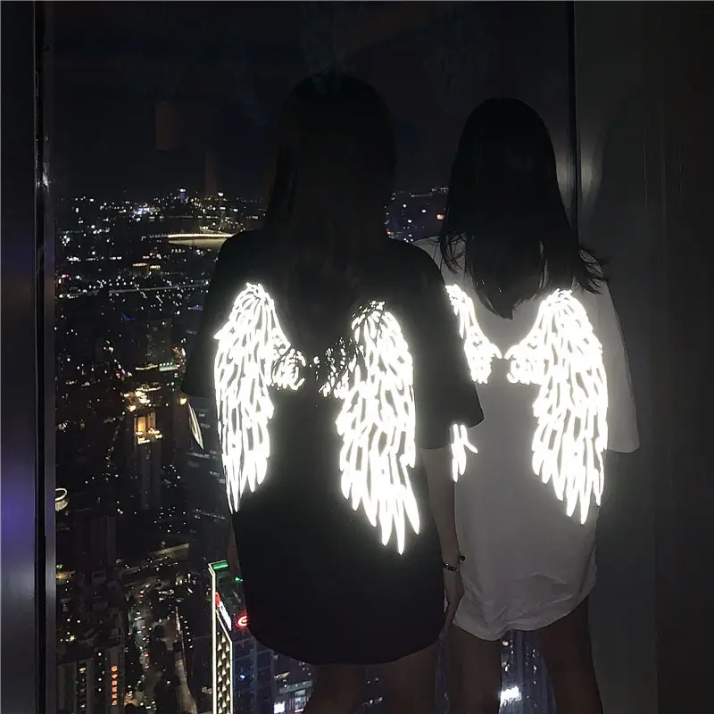 Goth Reflective Wings Short-Sleeved Men's T-shirt Fashion Brand Trend Ins Trendy Loose Hong Kong Style Couple Wear Dark Clothes Summer