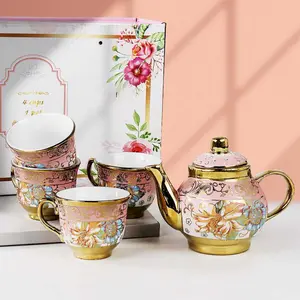 Paket Parcel Cangkir Teko Keramik Parsel Set 4 Cangkir 1 Pot Ala Eropa Kado Ulang Tahun Pernikahan - Cangkir Aesthetic Dan mewah