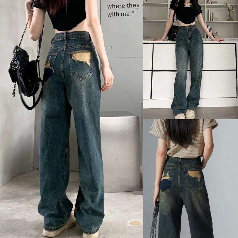 Vải QC Cao Cấp 07 Quần Jean Ống Suông Trơn Phối Túi Rách Sau Mau Xanh Đậm Trầm Ánh Vàng 77