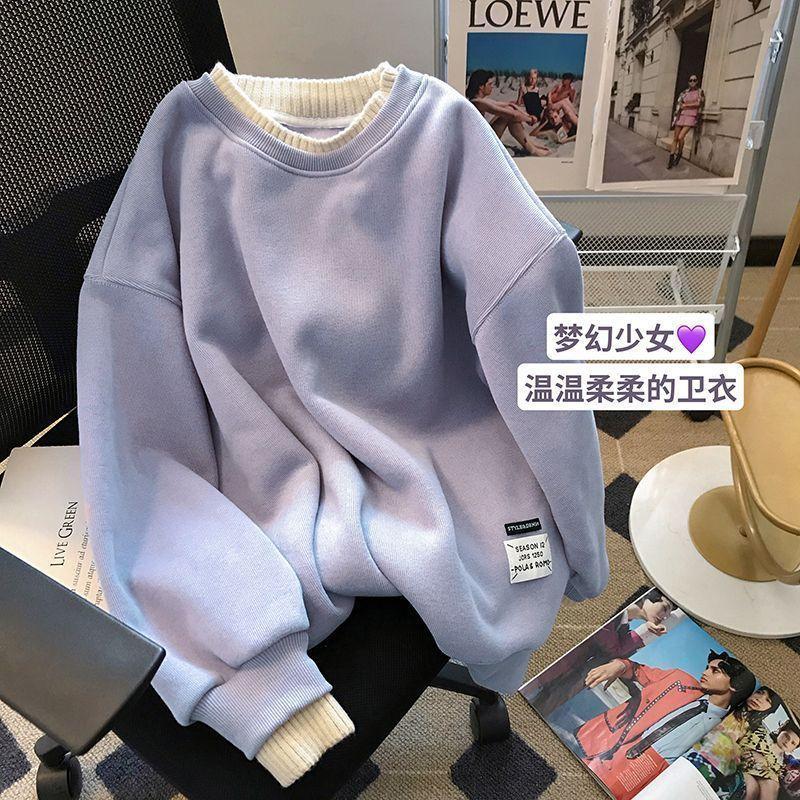 Áo Len Giả Hai Mảnh, Lót Lông Cừu, Dày Dặn, Dáng Rộng Vừa Vặn, Phong Cách Hàn Quốc, Dành Cho Nữ, Mùa Đông, Áo Chắp Vá, Hàng Mới Về, 2024 2