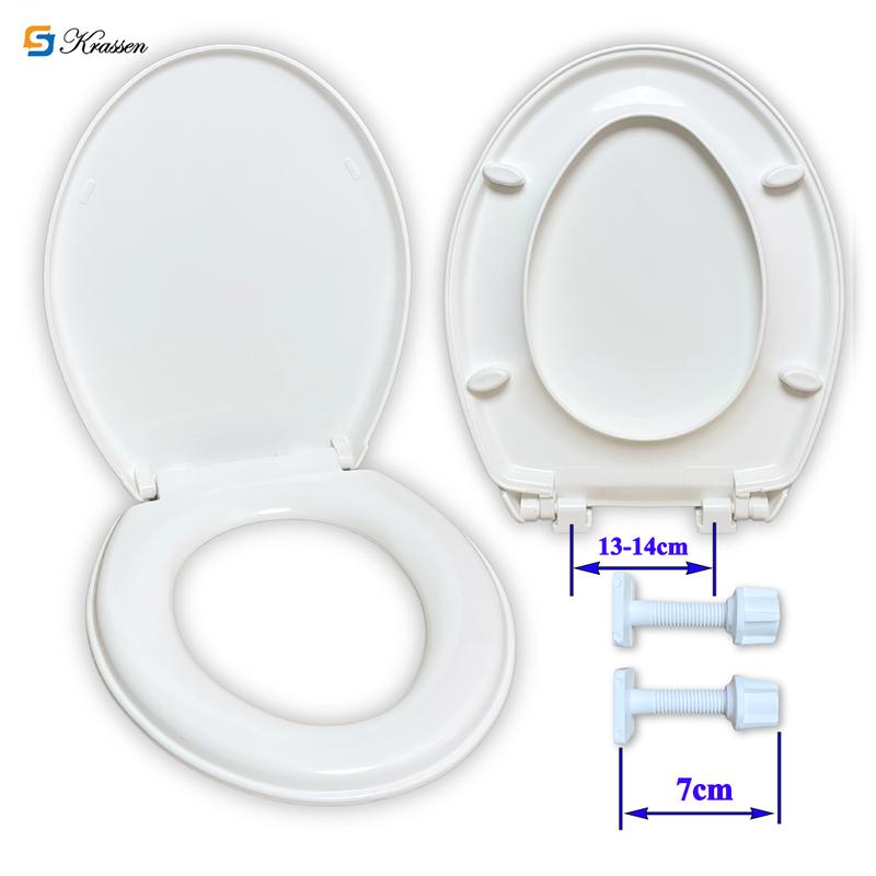 KS.03 Nắp bồn cầu Nhựa trắng phù hợp với các loại bồn cầu 2 khối Rộng 36cm, dài 42 - 44cm. Gồm có loại rơi êm và rơi tự do. Ốc dài 7cm, Khoảng cách hai ốc 13-14cm.Bảo hành 12 tháng.