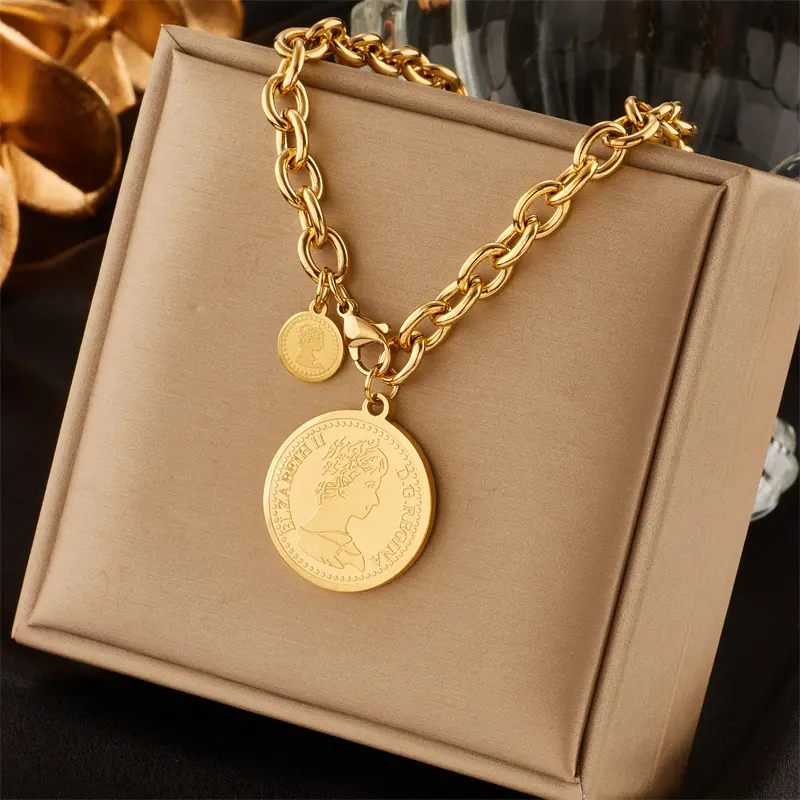 European and American Retro Portrait Round Sign Titanium Steel Pendant Necklace 50CM