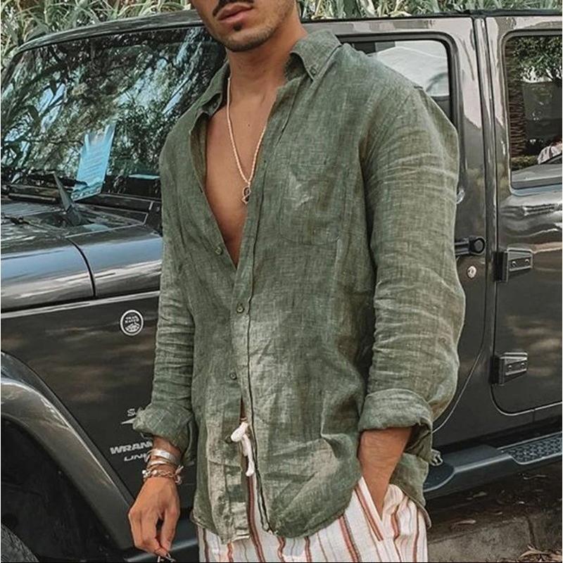 Men Plain Cotton And Linen-Blend Loose Lapels Long-Sleeved Casual Cardigan Beach Shirt 7