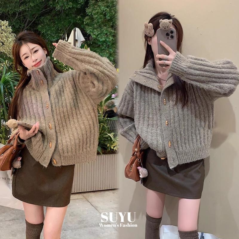 Áo Cardigan Cổ Lọ Có Nút Sừng, Phong Cách Cổ Điển Dành Cho Nữ, Mặc Mùa Đông, Phong Cách Lười Biếng, Dáng Rộng Vừa Vặn, Đồ Len