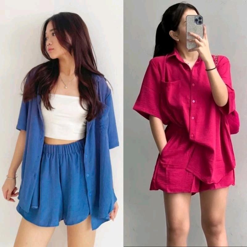 Kora One Set  Celana Hotpants | Setelan  Wanita Crinkle Airflow | Atasan Kerah Kantong Full Kancing Celana Full Karet 0