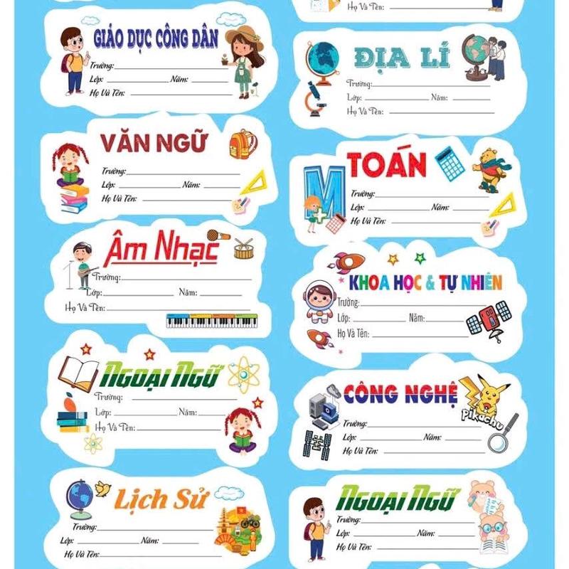 nhãn vở in môn học theo lớp 60 cái nhãn 7