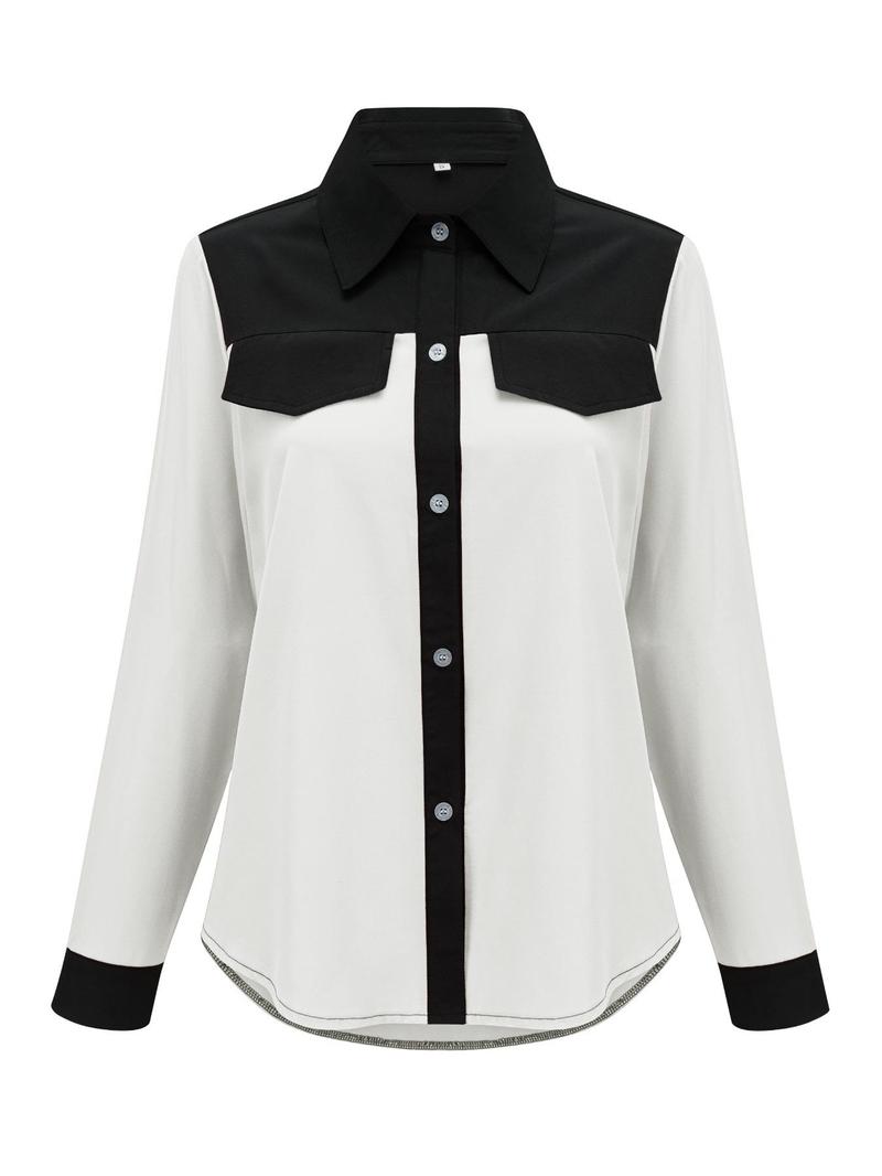 Product Introduction of 【Plus Size】 Women's Colorblock Patchwork Button Front Fake Pocket Design Blouse, Casual Long Sleeve Collared Top for Spring & Fall, Women's Clothes for Daily Wear 3