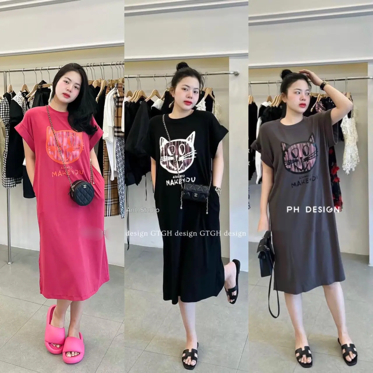 Đầm suông dáng dài cotton in mèo make không túi xinh xắn Nữ
