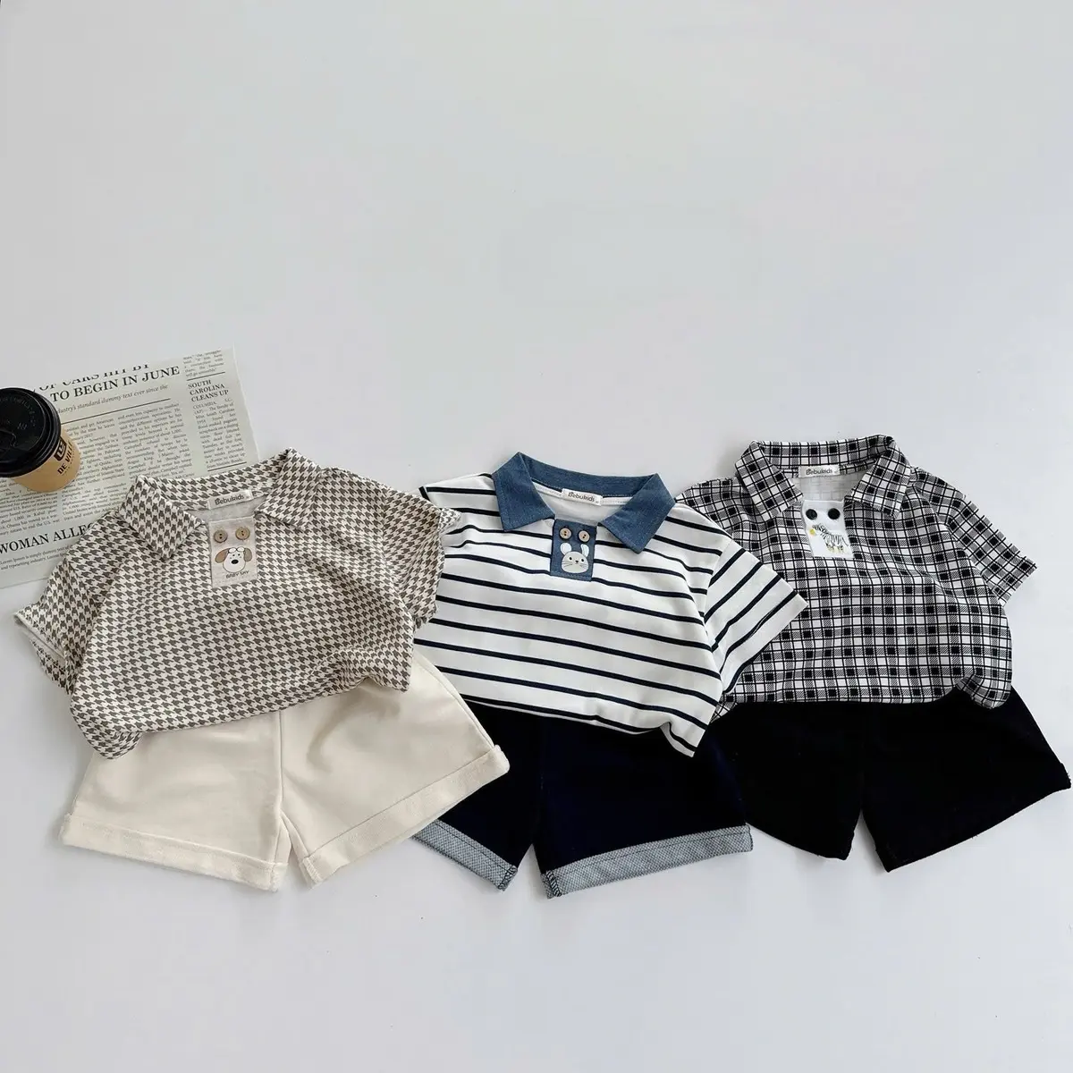 Set polo cộc tay cho bé trai họa tiết ngộ nghĩnh, thiết kế đính 2 cúc lạ mắt 8-23kg