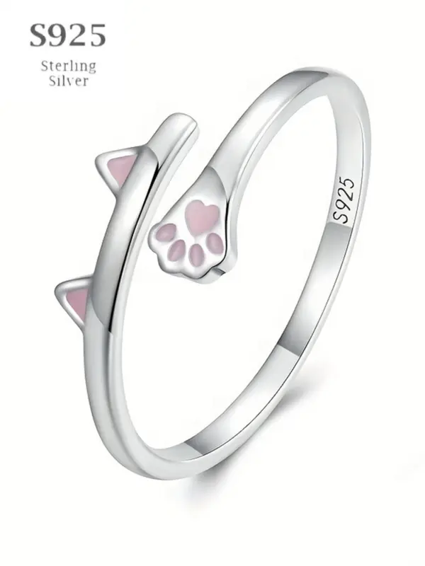 925 Sterling Silver Cute Cat Paw Design Cuff Ring, Adjustable Open Ring, Fashion Jewelry Accessories for Women & Girls 0