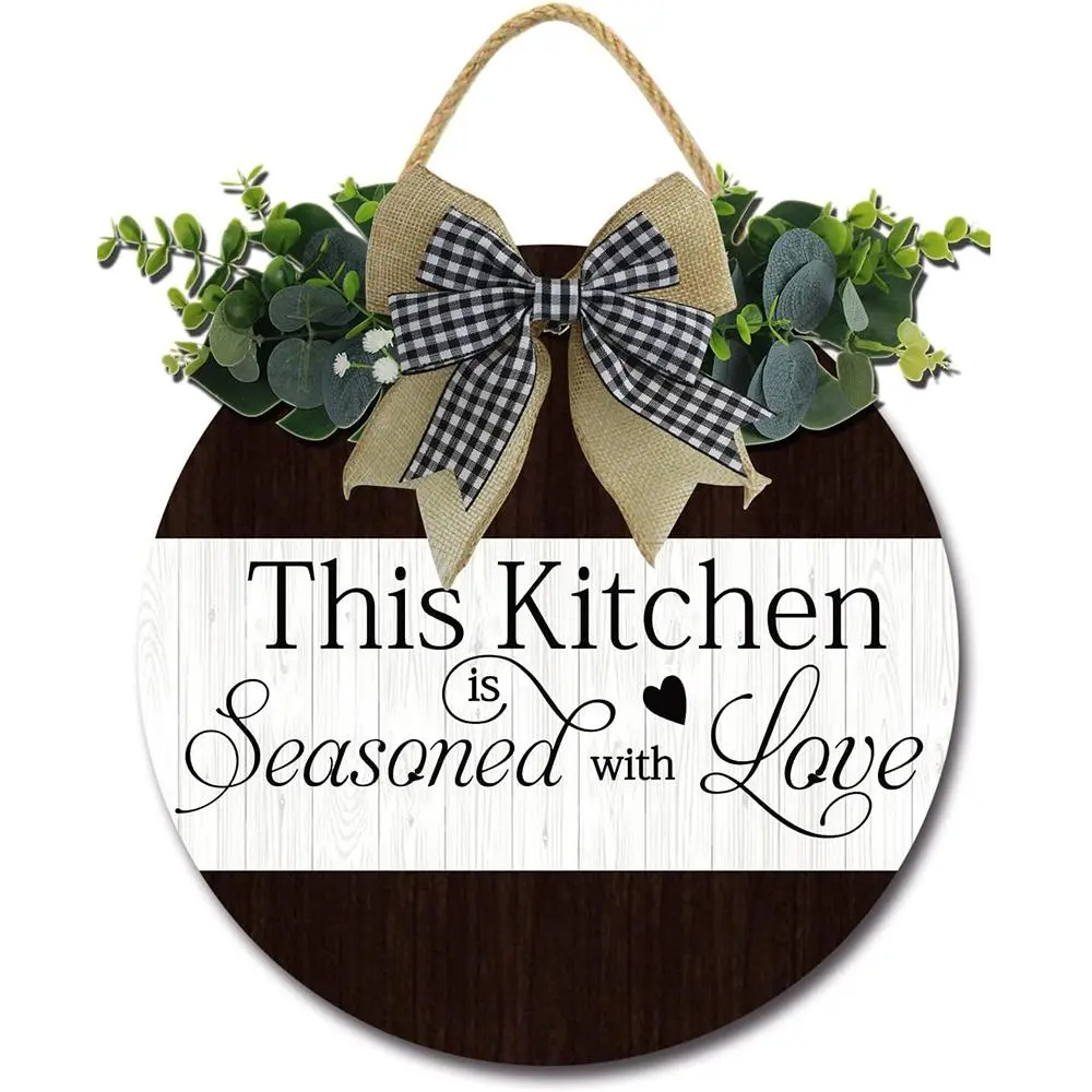 Round Wooden Sign with Bow, 1 Count Kitchen Love Letter Pattern Wall Decor, Wall Art Hanging Decor for Home Kitchen, Home Bundles, Teenage Gift