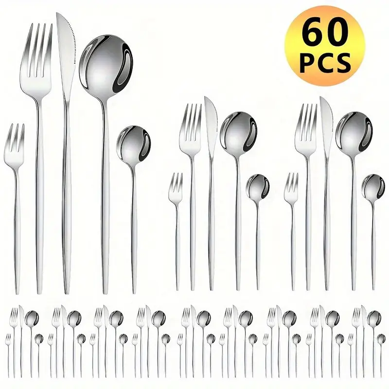 Stainless Steel Cutlery Utensils Set, 60pcs/set Including Knives, Forks & Spoons, Mirror Polished Flatware Set for Parties, Banquets & Restaurants, Kitchen Dinnerware 6