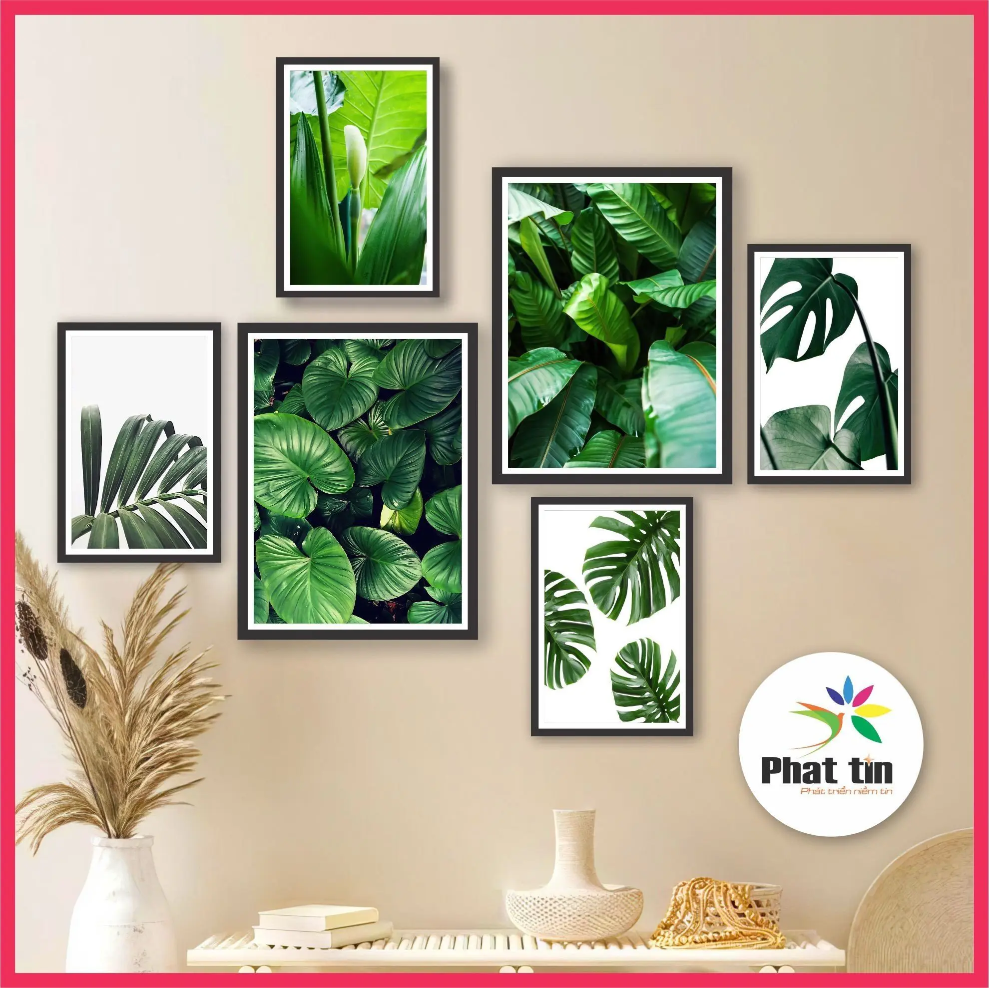 Set bức 6 tranh chủ đề cây và lá, tranh decor Phát Tín dán tường có sẵn keo, không cần khoan tường Treo Tường Phòng Khách Decor Tường