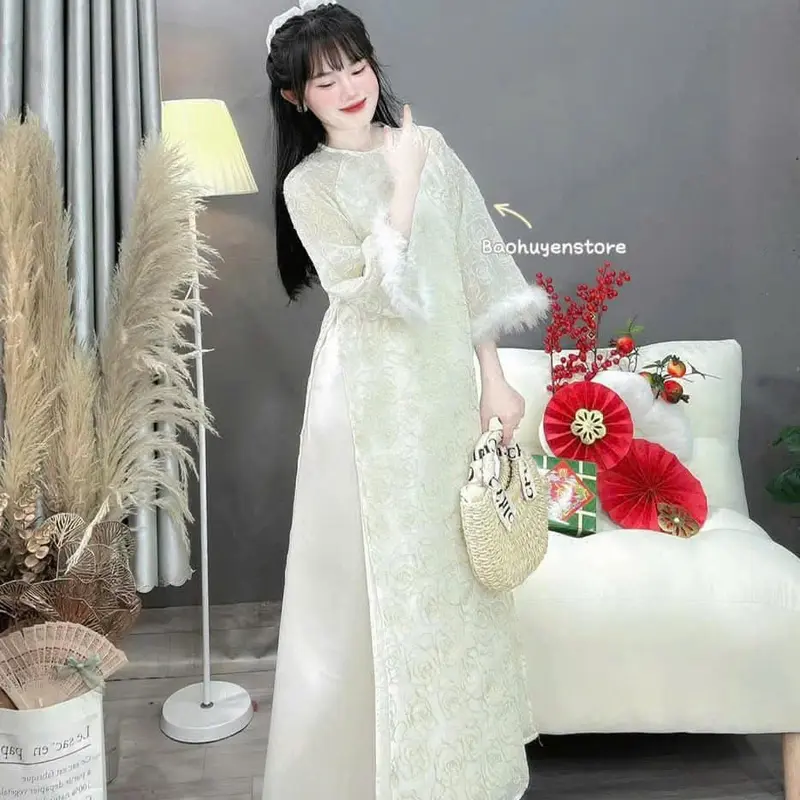 Áo dài Von tơ thêu phối tay nông cách tân hot trend chụp anh đi chơi du xuân 2025 Nữ Women Dress Cổ Tròn Voan 5