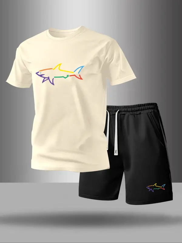 Men's Graphic Print Tee & Drawstring Waist Shorts Set, Casual Round Neck Short Sleeve T-shirt & Pocket Track Shorts, Men's Two-piece Outfits for Summer 5