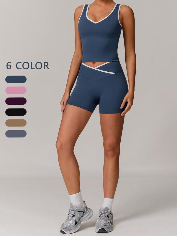 Two-piece Set Women's Solid Color Contrast Trim Sportswear Set, High Stretch Sporty Comfortable Breathable Backless Tank Top & High Waist V-shaped Waist Skinny Shorts for Yoga Gym Workout Running, Ladies Summer Sportswear,  Co-ord Sets for Women 5