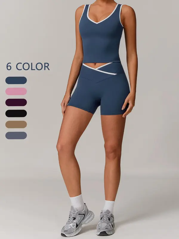 Two-piece Set Women's Solid Color Contrast Trim Sportswear Set, High Stretch Sporty Comfortable Breathable Backless Tank Top & High Waist V-shaped Waist Skinny Shorts for Yoga Gym Workout Running, Gym Exercise Activewear, Co-ord Sets for Women 5