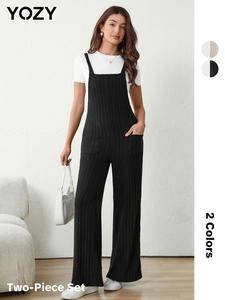 YOZY Women's Solid Pocket Tank Jumpsuit & Round Neck Bodysuit Two-piece Set, Sleeveless Wide Leg Jumpsuit & Short Sleeve Bodysuit, Ladies Clothes for All Seasons, Fall & Winter Outfits