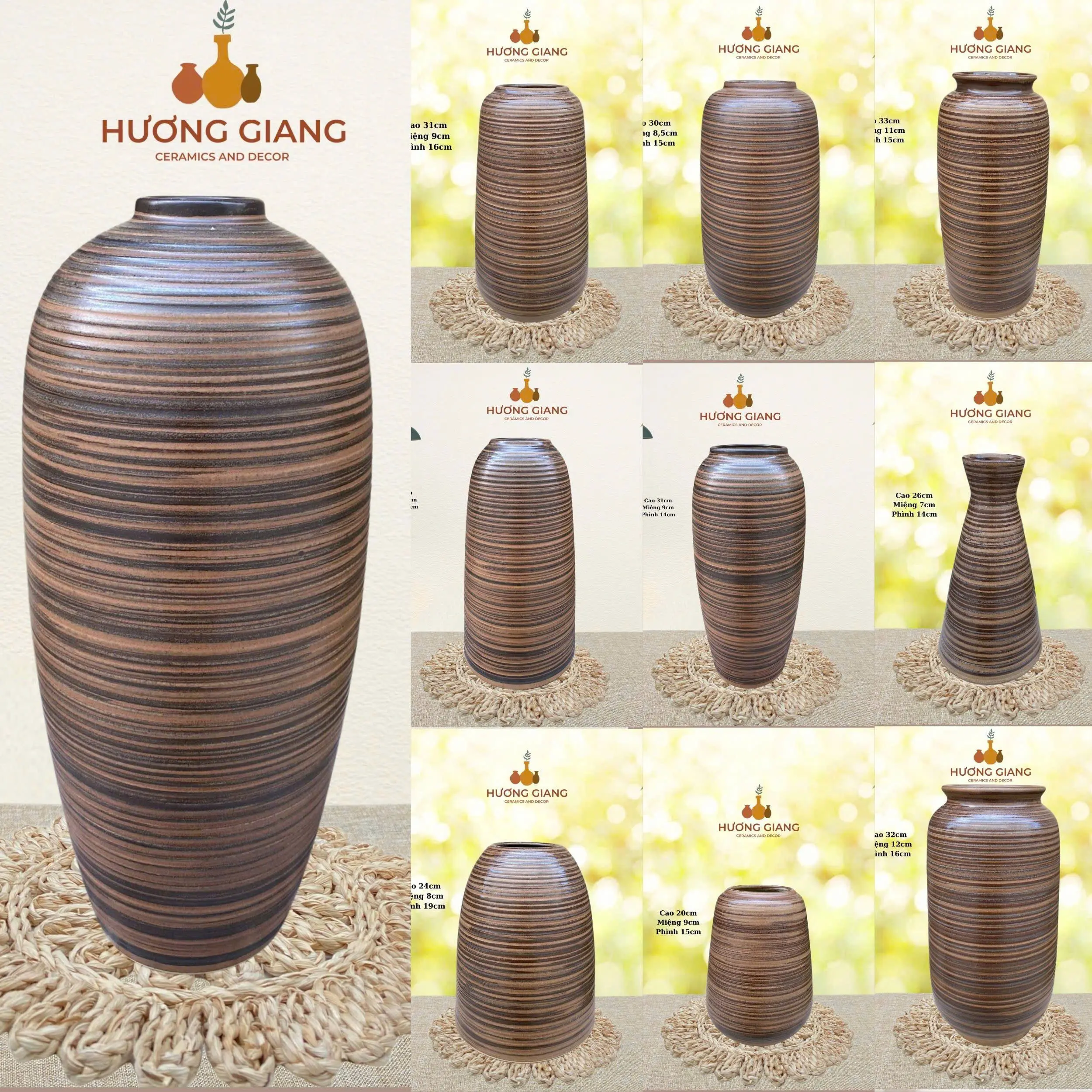Bình hoa gốm sứ Bát Tràng men nâu mộc cắm hoa, Lọ hoa trang trí phòng khách - Gốm sứ Hương Giang