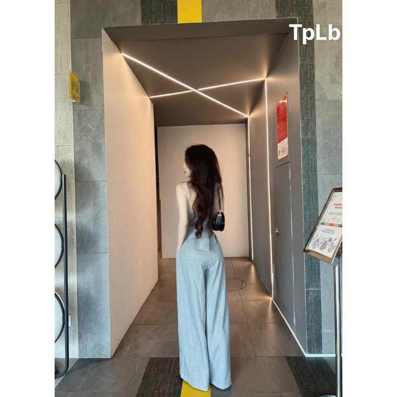 YẾM JUMPSUIT XẺ NGỰC Cột nơ sau QUẦN ỐNG RỘNG jum cổ yếm quần xuông sang chảnh 5