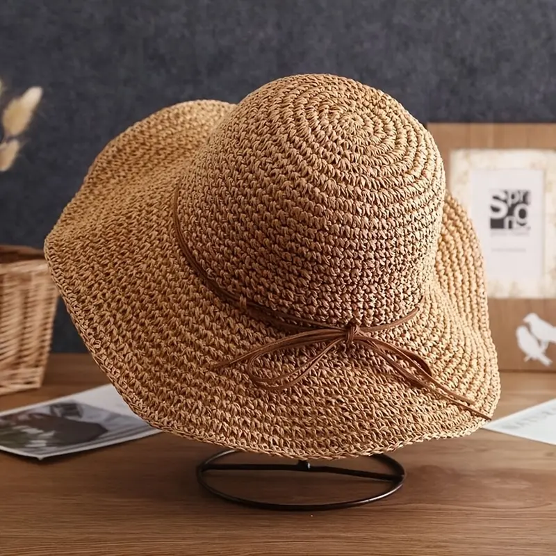 Beige Hand- Straw Hat - Foldable & Bendable Brim, Lightweight Sun Hat Beach Vacations, Weddings,/Outdoor Activities, Beach Hat, Headwear, Fashionable Beachwear satin  lined bunny  hat 6