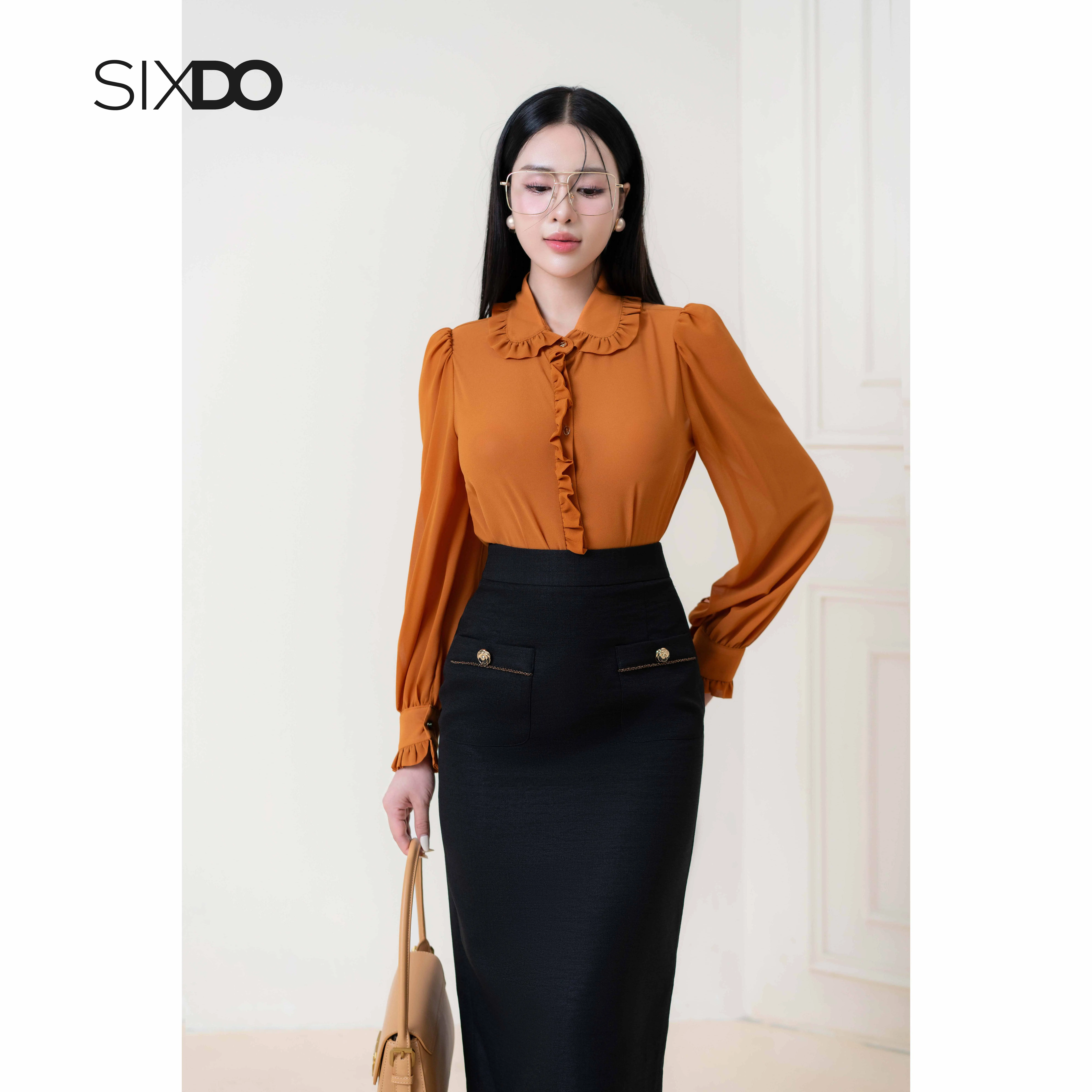 Áo sơ mi phối cổ bèo SIXDO (Dark Orange Long Sleeves Chiffon Shirt)