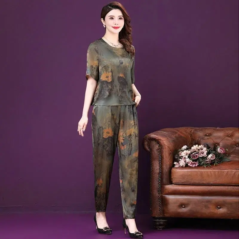 Bộ Đồ Quần Harem Nữ, Hàng Mới Về Mùa Hè, Sợi Xiangyun Giả, Chất Liệu Lụa Nặng Giả, Bộ Đồ Hai Mảnh Cho Mẹ TRUNG NIÊN 1