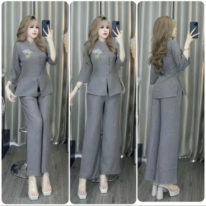 Set quần áo thiền vải đũi chất mát thêu hoa sen an nổi cao cấp Set bộ đi chùa Thương Hiệu Tín Như Chính Hãng (tặng chuỗi vòng tay đá hoặc gỗ) có bigsize 78kg 8