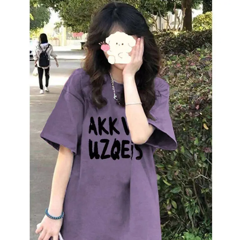 Korean Purple Round Neck Short Sleeved T-shirt for Women with Unique Summer Design, Half Sleeved Versatile Top Ins
