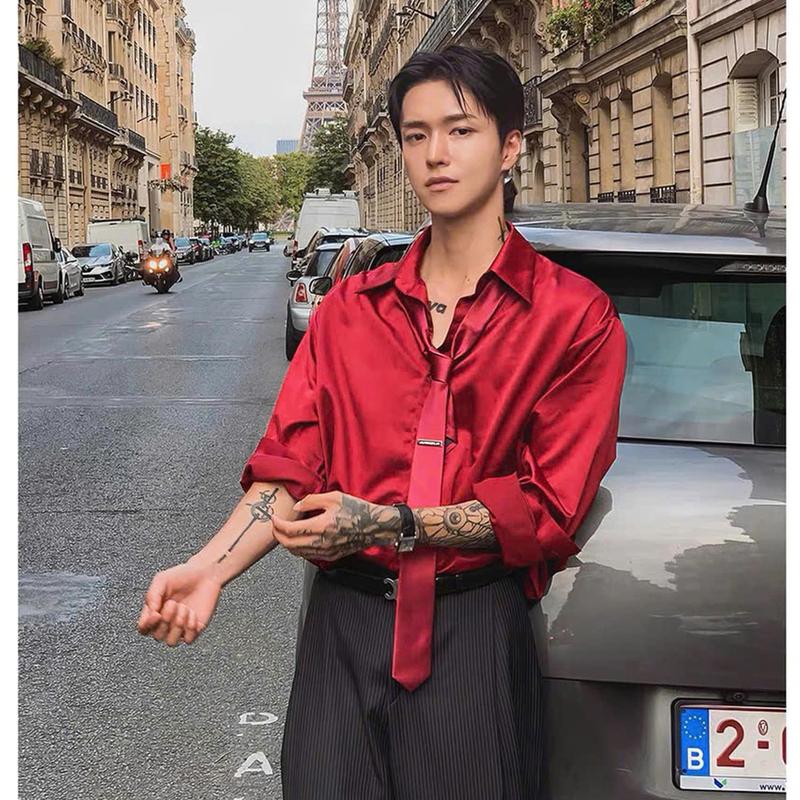 Áo sơ mi nam lụa satin ( KHÔNG kèm cà vạt )sang trọng, lịch lãm - Đỏ Đô noel tết