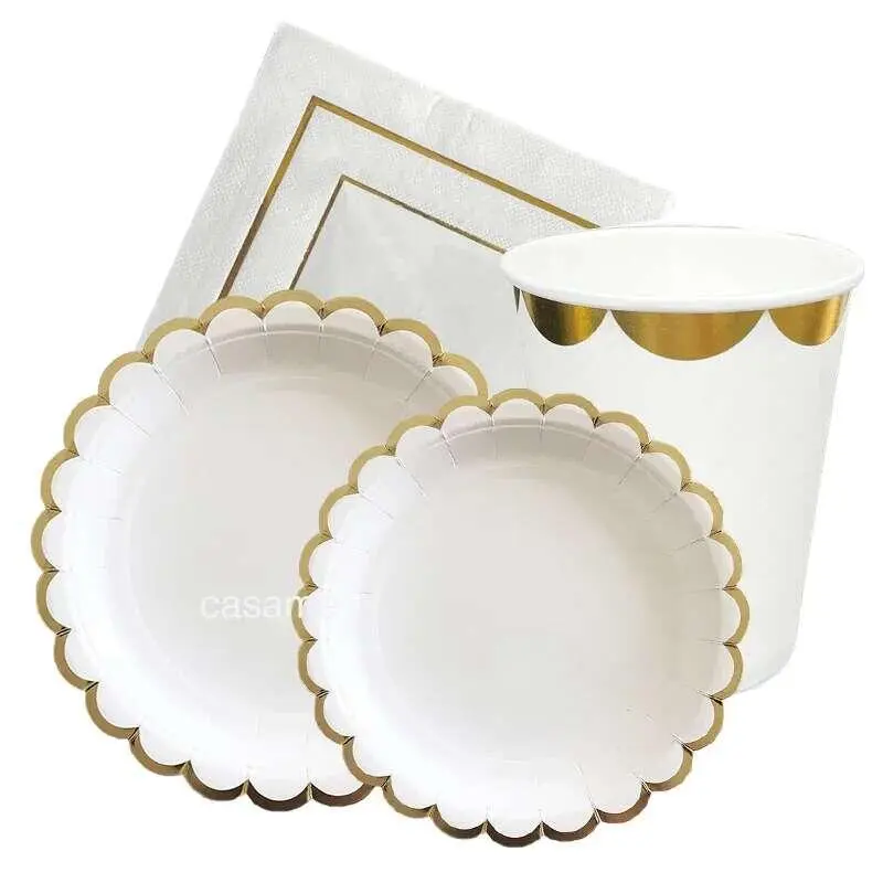 Gold e Disposable Tableware Paper Napkin Cups Knifes Forks Spoons Tablecloth Plates Straws for Wedding Birthday decoration