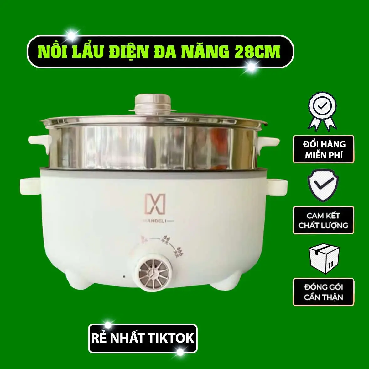 Nồi Lẩu Điện 28cm đa năng tặng vỉ hấp inox, chiên, xào, hấp, rán,.... Nồi Điện Nồi Lẩu Điện Nấu Ăn