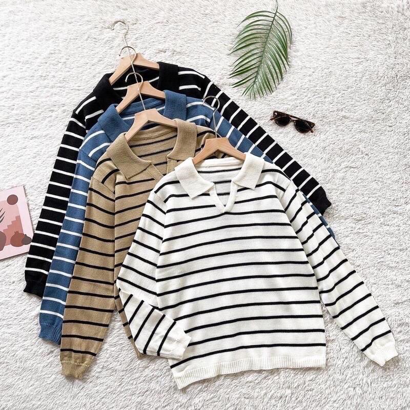 Atasan Wanita import stripe Rajut Premium Kekinia 2023 fit panjang Knitwear Strip Putih Cream 1