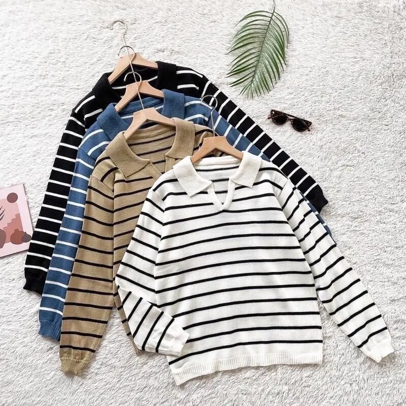 Atasan Wanita import stripe Rajut Premium Kekinia 2023 fit panjang Knitwear Strip Putih Cream 0