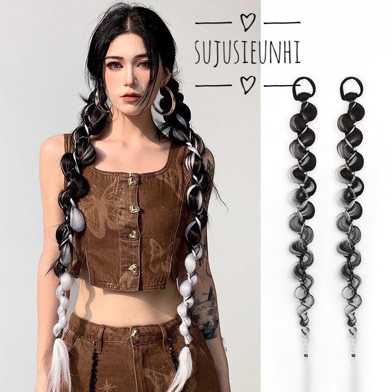 (2 màu) 1 búi tóc giả bện xoắn bong bóng dài 75cm mát mẻ ngọt ngào Spice Girls