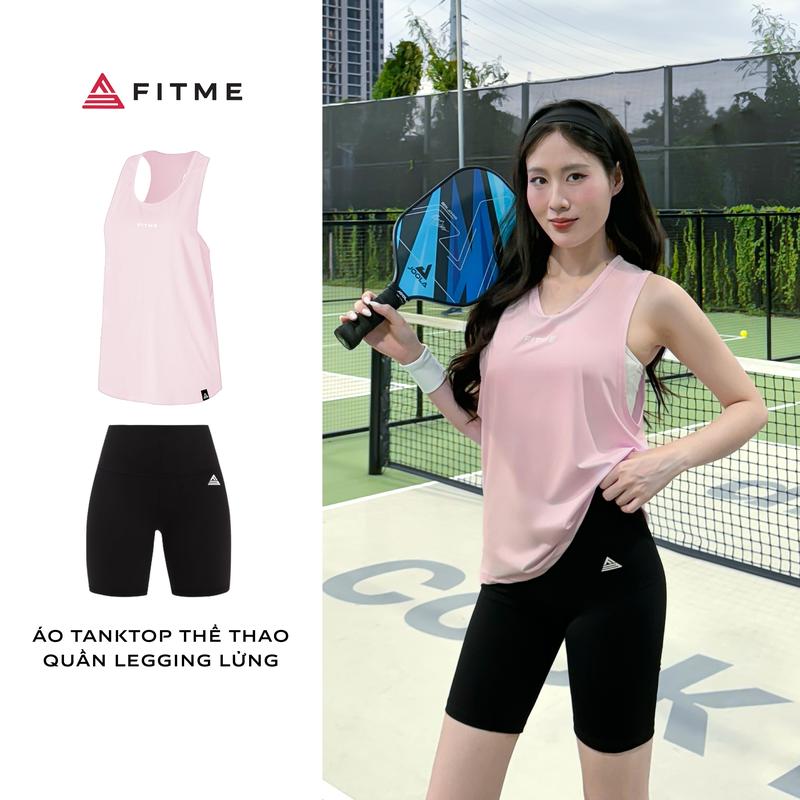 Bộ đồ thể thao nữ Fitme áo tanktop Hồng Pastel, quần legging Đen tôn dáng hỗ trợ tập gym, pickleball, cầu lông, tennis