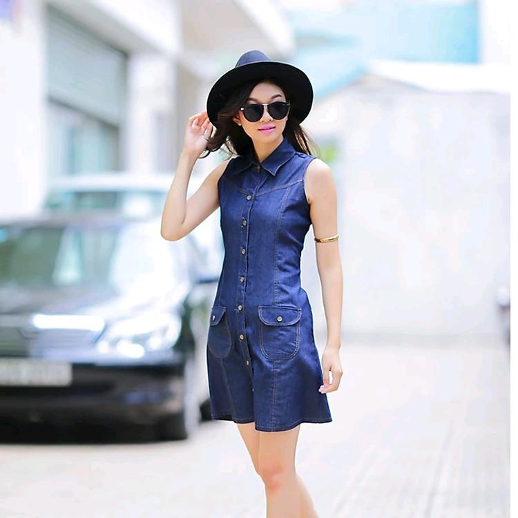 Váy bò Nữ Đầm jean sát nách Nữ phối túi Women 4